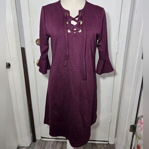 The Line Of Style Elegant Burgundy Lace-Up Dress 3/4 Sleeve Sz M